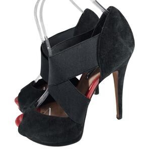 H BY HALSTON! BLACK GENUINE SUEDE LEATHER ELASTIC STRAPPED PLATFORM HEELS! SZ 7M
